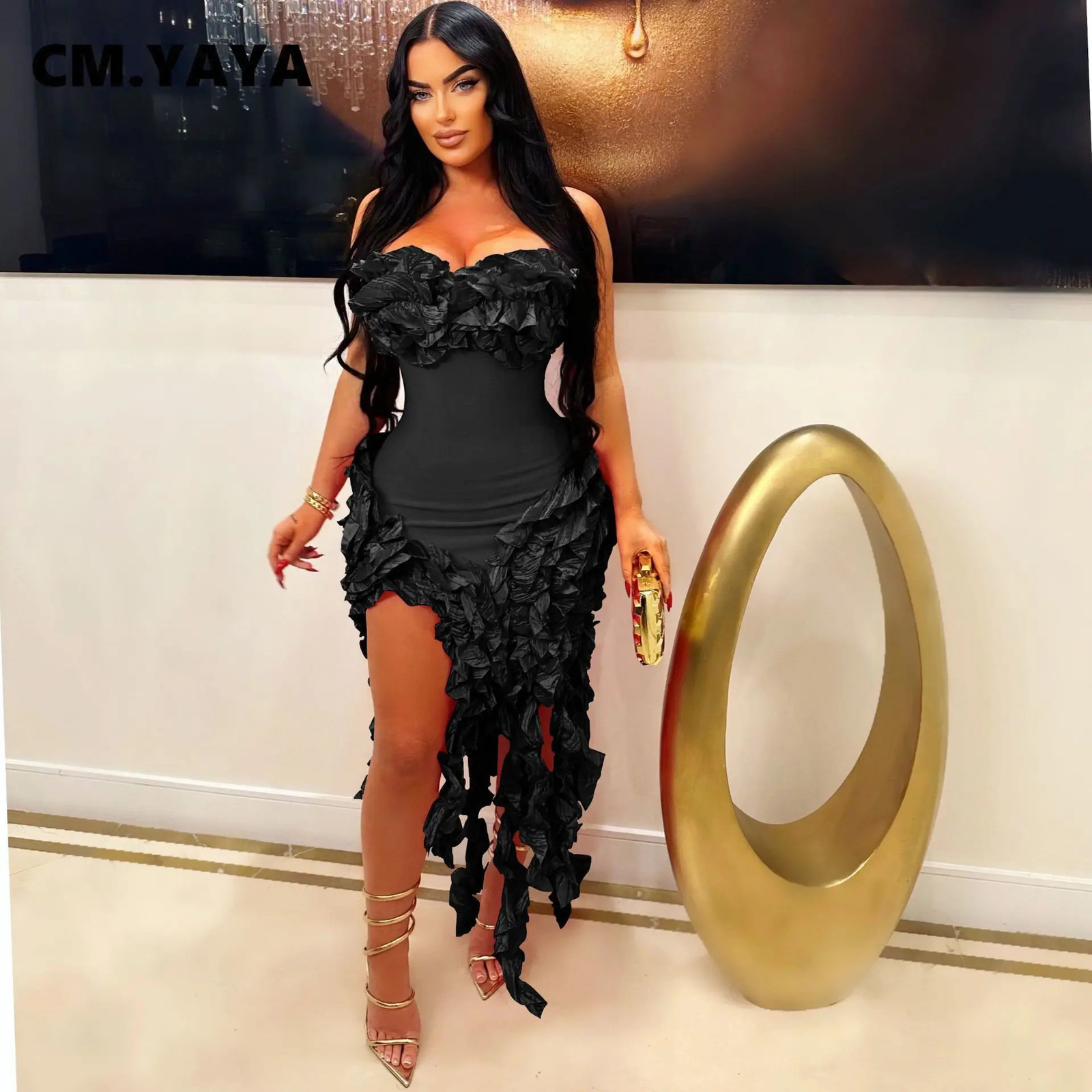 CM.YAYA Women Strapless Ruffles Tassel Splicing Irregular Birthday Bodycon long Maxi Dress Even Sexy Party Dresses Vestidos 241120