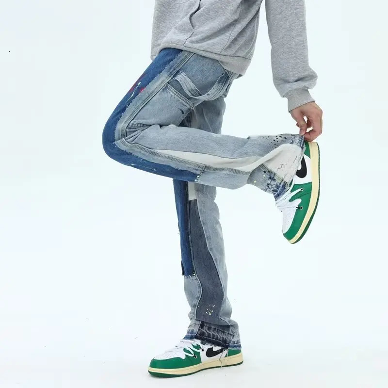 2024 Painting Patch Baggy Stacked Jeans Y2K Flare Cargo Pants For Men Clothing Washed Blue Denim Trousers PantAlon Homme 240420