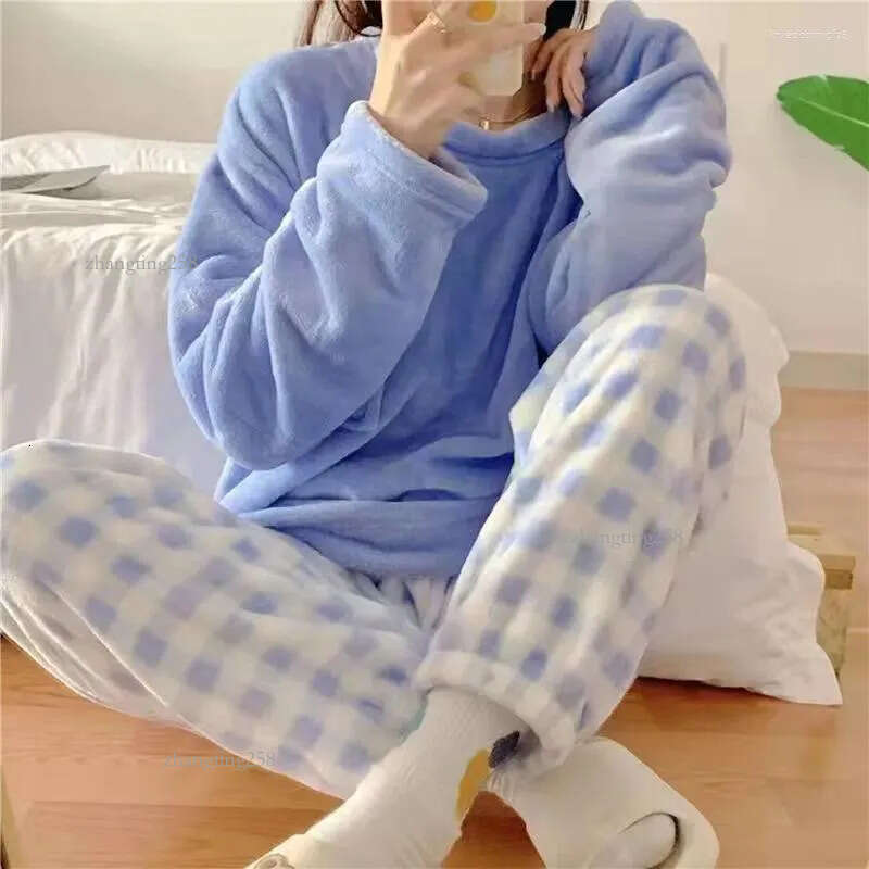 Women's Sleepwear Flannel Pajamas Sets Casual Autumn Winter Velvet Pyjama Ladies Cartoon Pijama Mujer 2 Piece Pjs Warm Homewear