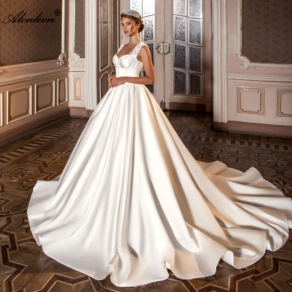 Luxury Satin A-line Wedding Dress Square Collar Elegant Bridal Gowns 2024 With Beading Pearls Appliques Lace
