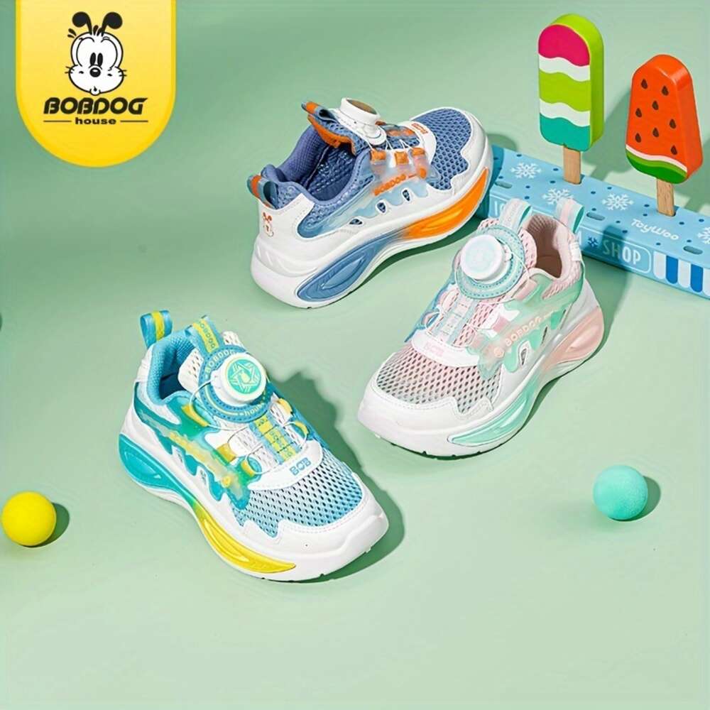 Casual Stylish Low Top Mesh Sneakers with Rotating Button Girls, Breathable Lightweight Running Shoes for Summer BX32725