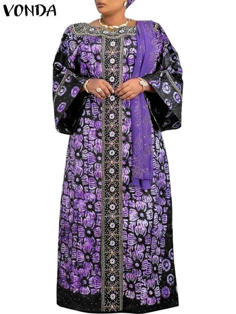 Wen Boheng Dress VONDA 3/4 Flare Sve Casual Loose Ruffle Printed Sun Skirt Collar Party Maxi Vestido Oversizd M241123