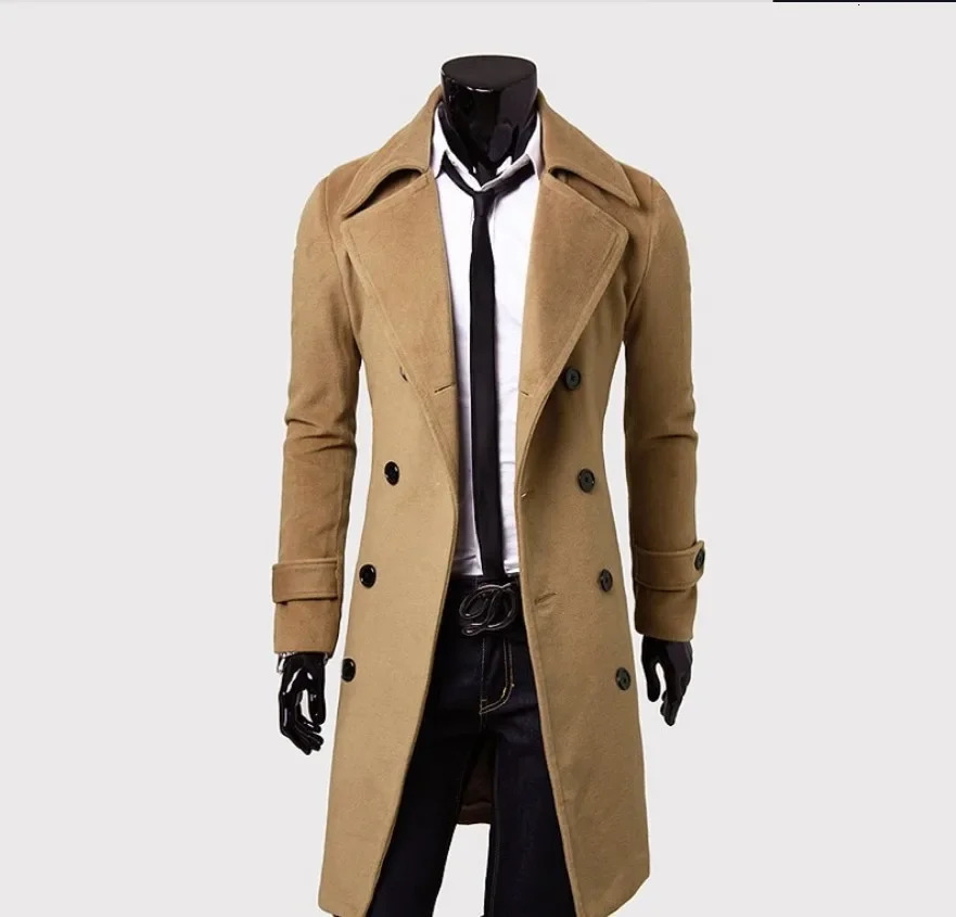 Mens Double Button Ni Windproof Medium length Casual Trench Coat Smooth Silhouette for All Seasons 241118
