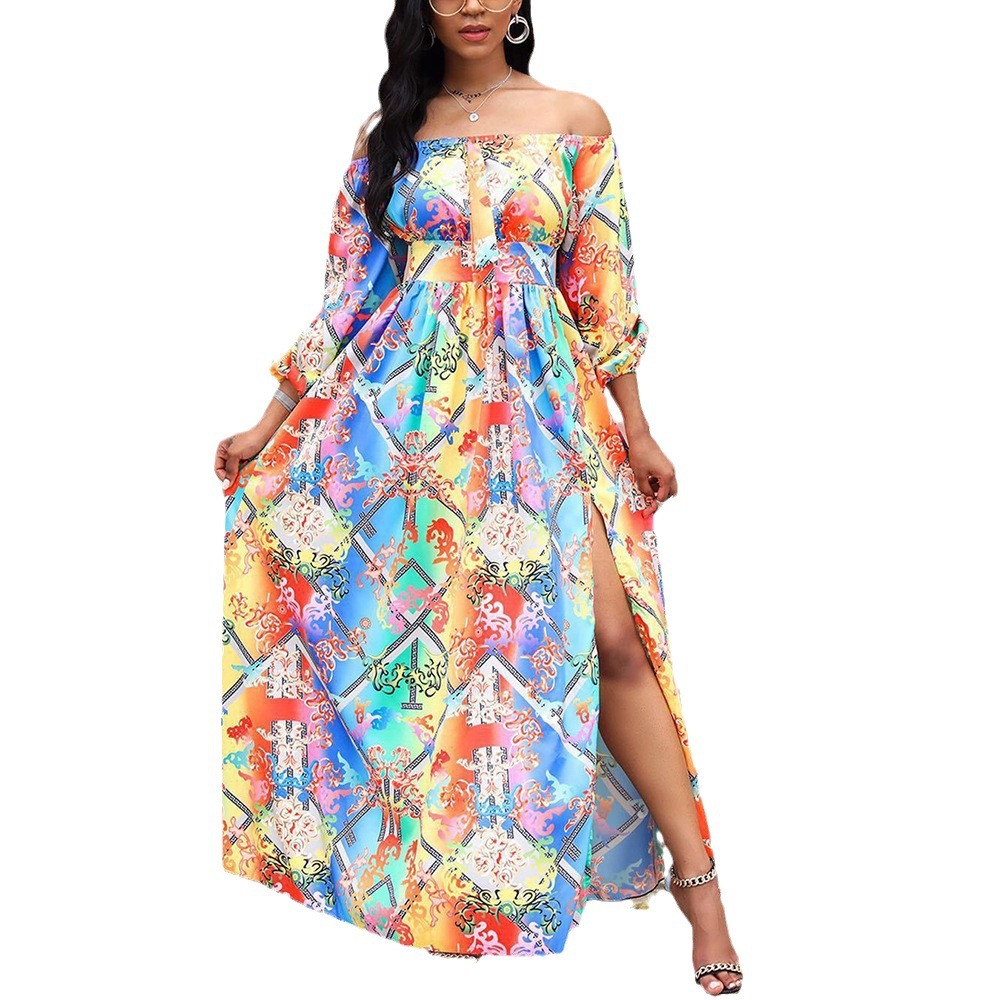 dresses for women Summer evening dress printed dress one-shoulder pullover retro long-sleeved wide slit long evening dresses elegant