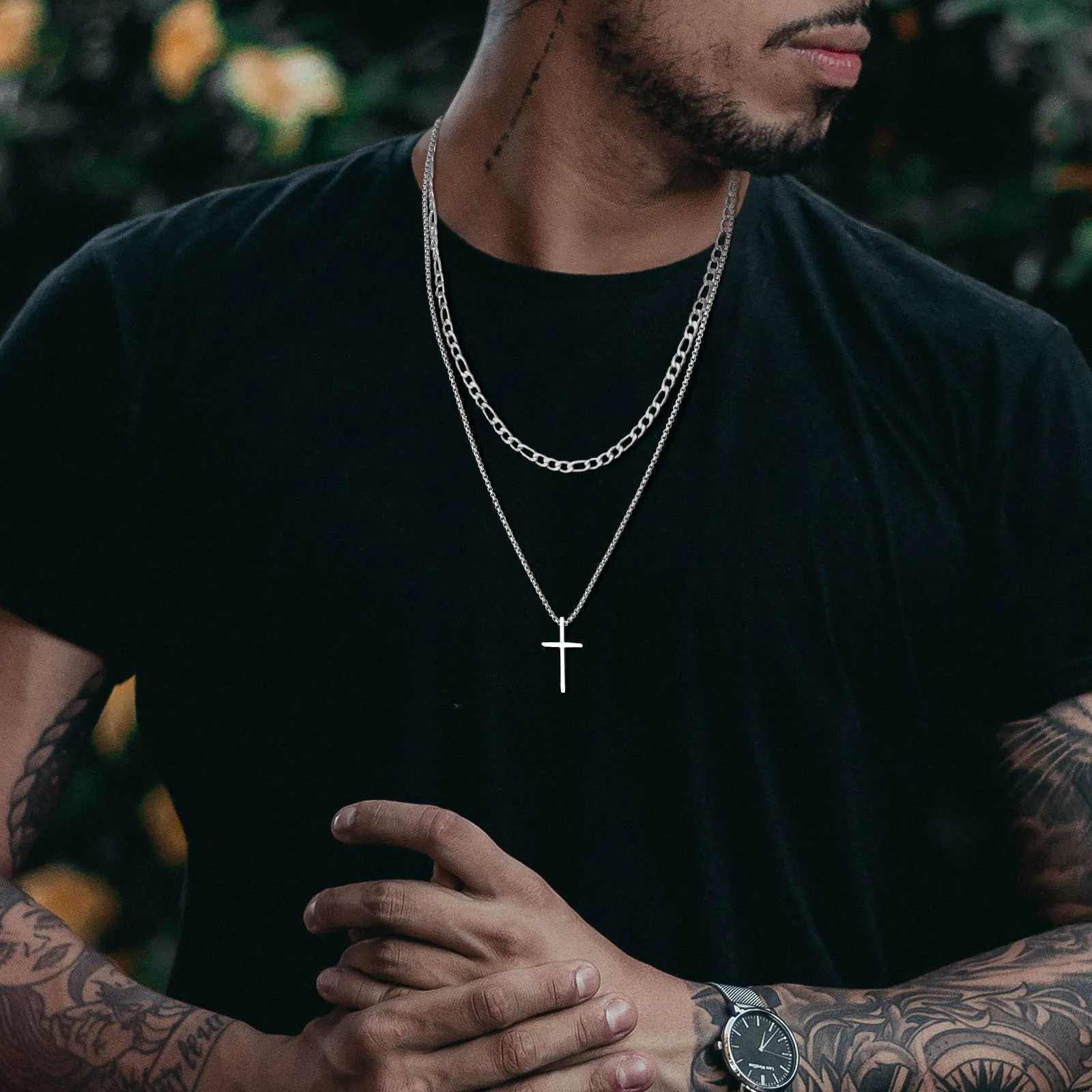 Vnox Dropshipping Mens Cross Necklaces Stainless Steel Layered Plain Cross Pendant Rope Box Chain NecklacePrayer Jesus CollarX241122