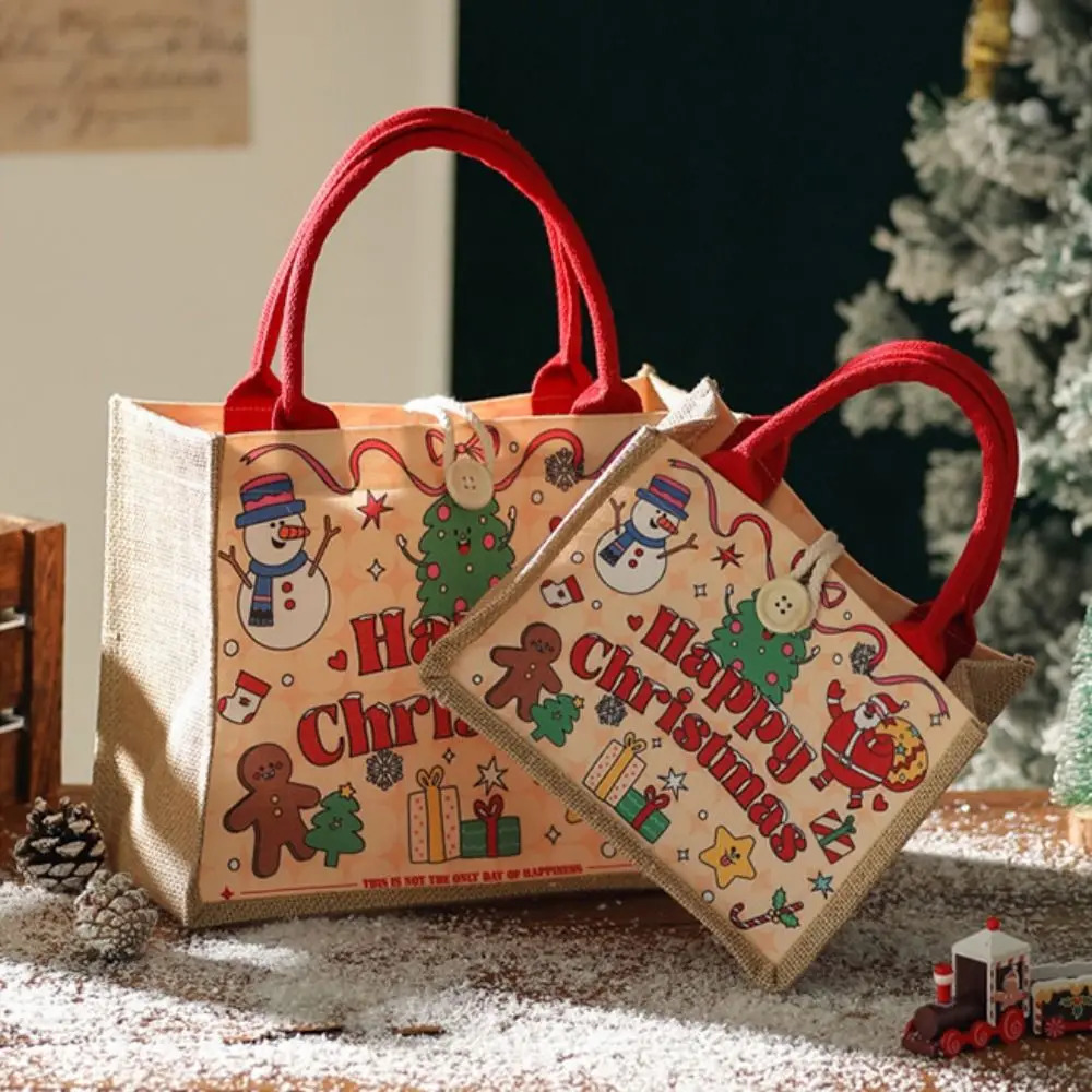 Santa Claus Snowman Printed Christmas Handbag Reusable Large Capacity Linen Handbag with Buckle Shopping Bag Christmas Gift 241122