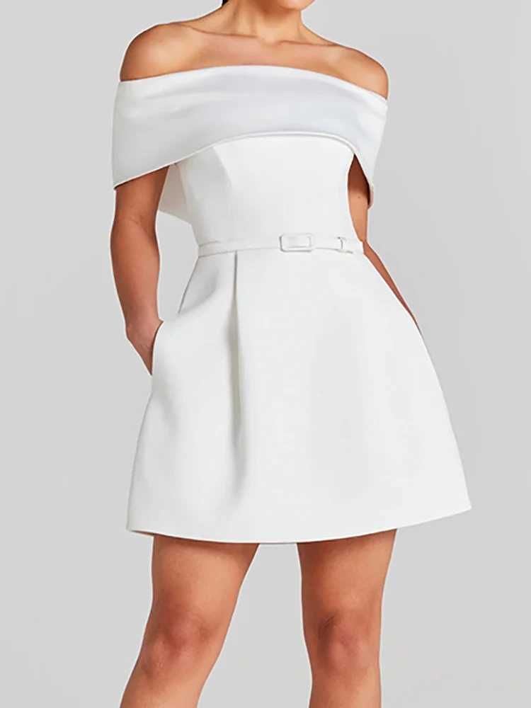 Wen Simple Pahwork Off The Shoder Party Dress Spring/Summer Short Sve Mini Dress Slash Neck Solid Womens Dress M241123