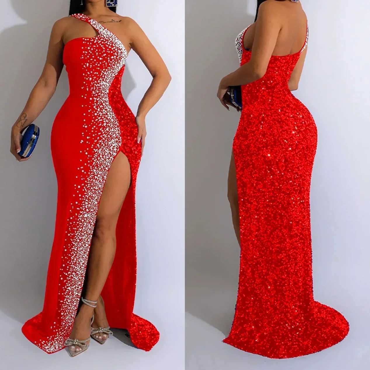 Wen dress party night sexy dress long mesh Maxi Vestitos hot diamond strapless sling V-neck ultra-thin Pr high waist M241123
