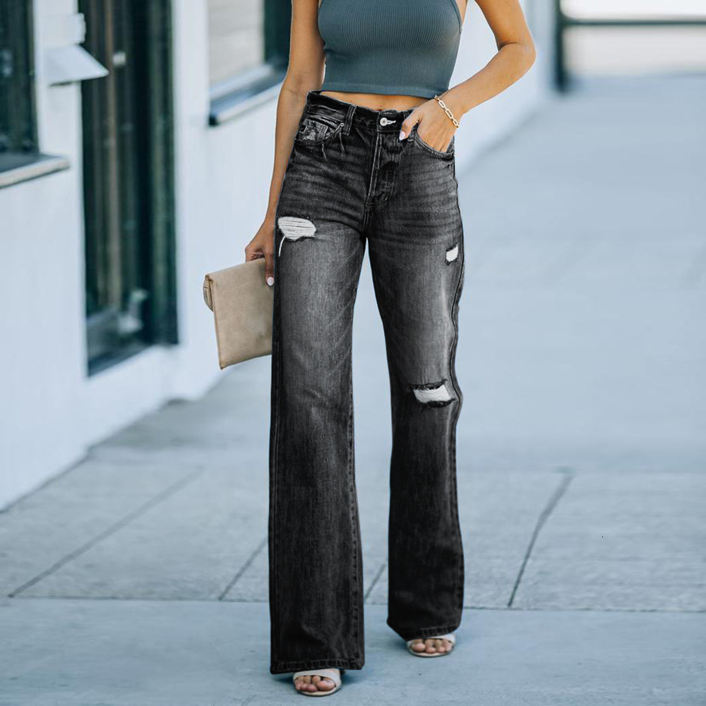 Designer women's fashion washed, ripped holes, slimming, wide leg jeans, denim pants