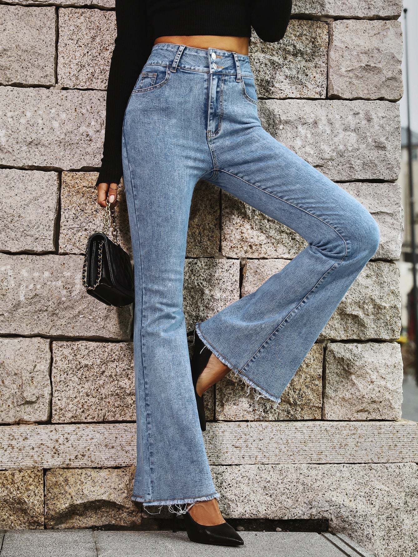 jeans womens Jeans Denim Pants Women Ripped Vintage Middle Waist Straight Wide Leg Pants Jeans Long Pants Work Double button belly shaping Summer Blue