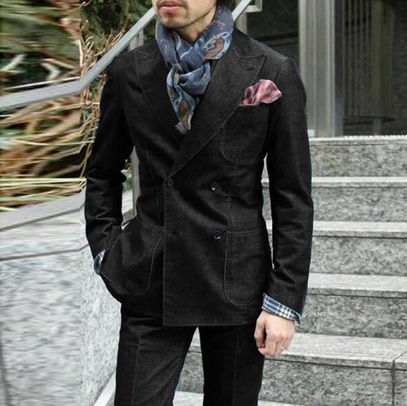 New mens denim suit decoration custom fashion business wedding dress set casual winter black suit jacket pants 2 pieces W241123