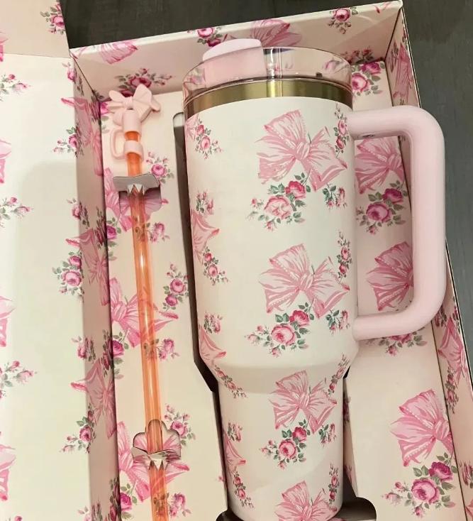 US Stock Christmas Flowers Rose Blue pink -H2.0 40oz Tumbler Magnolia Cup Holiday Gift Tumbler with Bow Straw Stopper, Cap and Straw Target Water Bott