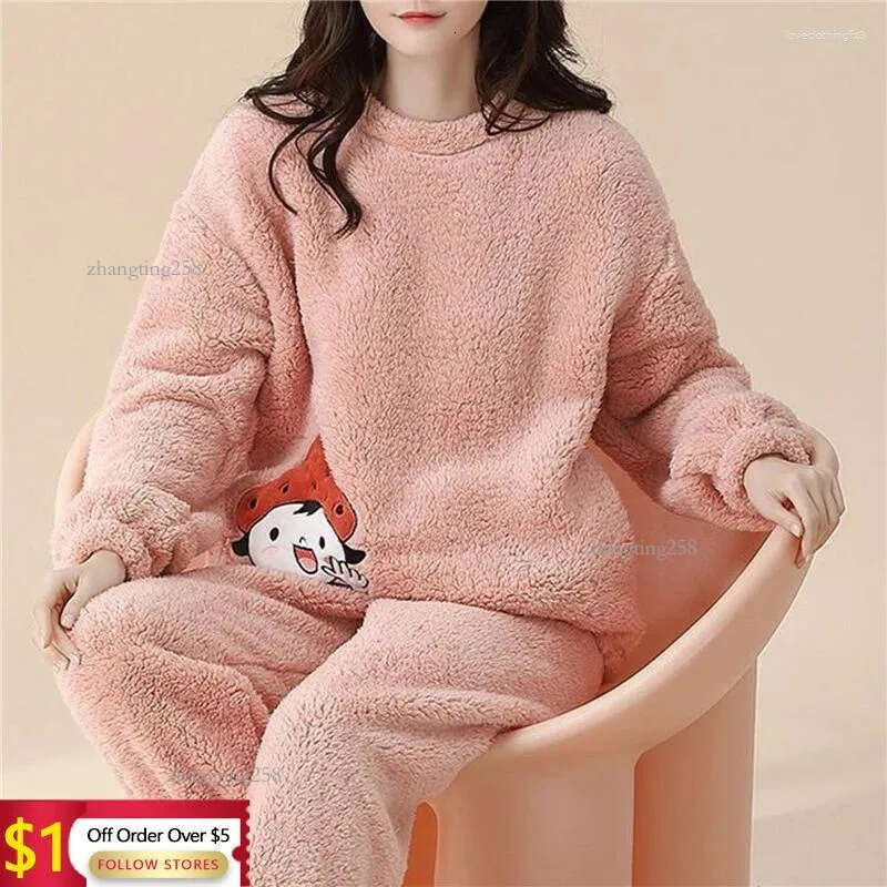 Women's Sleepwear Flannel Pajamas Sets Casual Autumn Winter Velvet Pyjama Ladies Cartoon Pijama Mujer 2 Piece Pjs Warm Homewear