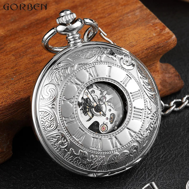 Retro double-sided open case mechanical mens watch with double-sided Roman dial handheld wind pocket watch with FOB chain gift 241122