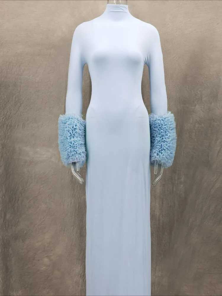 Autumn Turtleneck Maxi Dress Wen Ele Long Sve Ultra Thin Party Dress Winter Sexy See Through Night Club Outfit M241123