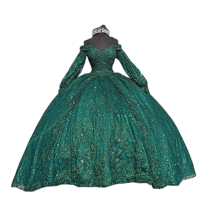 Long Sleeves Lace Quinceanera Dresses Off The Shoulder Princess Prom Special Occasion Dress Back Lace-Up Dark Green Vestido De 15 VX Anos Sweet 16 Dre