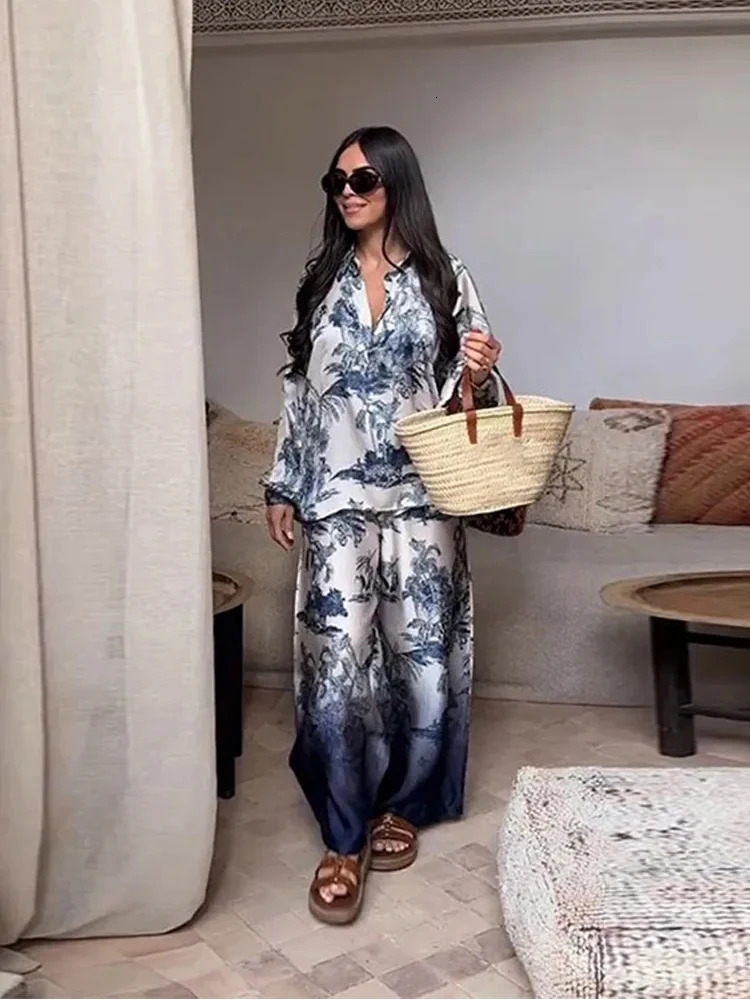 TRAF Ladies Casual Tree Printed Poplin Two Piece Set Elegant Lapel Long Sleeve Shirt High Waisted Loose Wide Leg Pants Set 241122