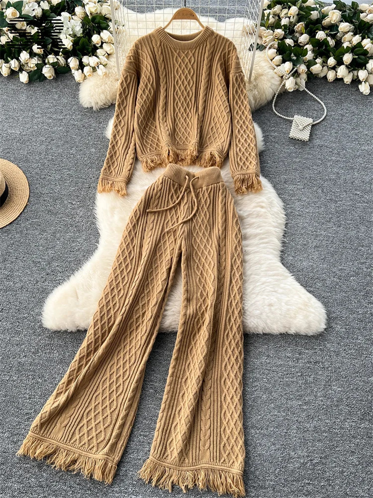 SINGREINY Vintage Tassel Knitting Two Pieces Suits Women O Neck Loose SweaterDrawstring Long Pants French Style 2pcs Sets 241121