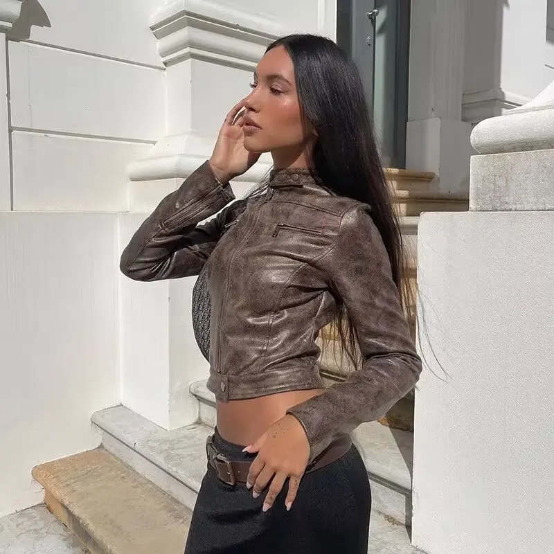 American girl blogger same style stand collar leather jacket women autumn short leather coat 241122