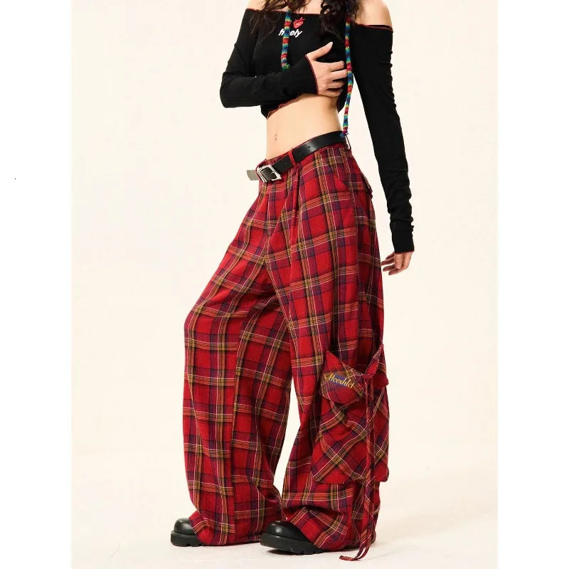 American Red Retro Checkered Korean Style Casual Pants for Women Trendy Y2k Autumn Large Pocket Straight Leg Wide Z260314