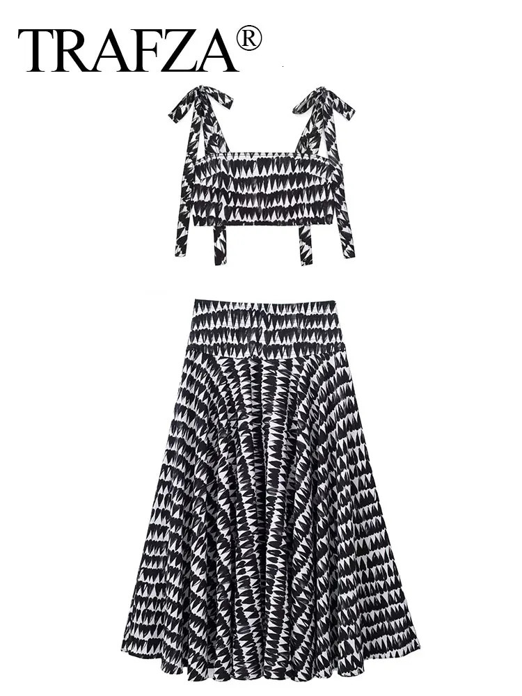 TRAFZA Women Fashion Print Skirts Suit Sexy Backless Sleeveless Slim Corset Crop Top Side Zipper Midi Skirt Y2K Streetwear Sets 240423