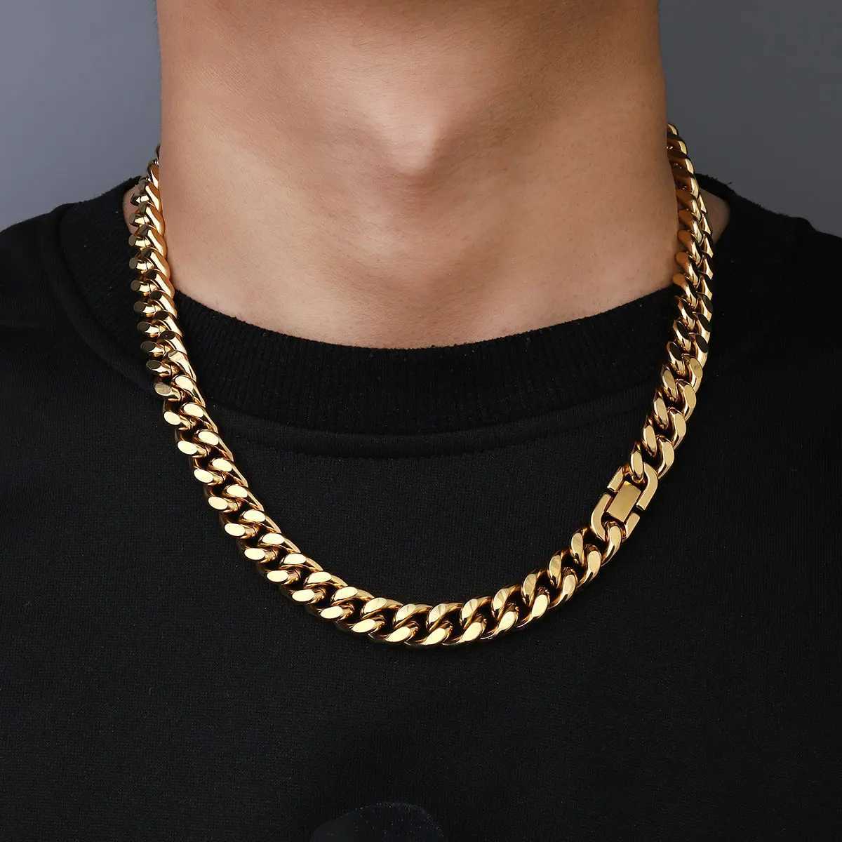 Hip Hop 18K Real Gold Plated Steel 11mm Cuban Figaro sided polished Link Necklace For Men JewelryGiftsX241123