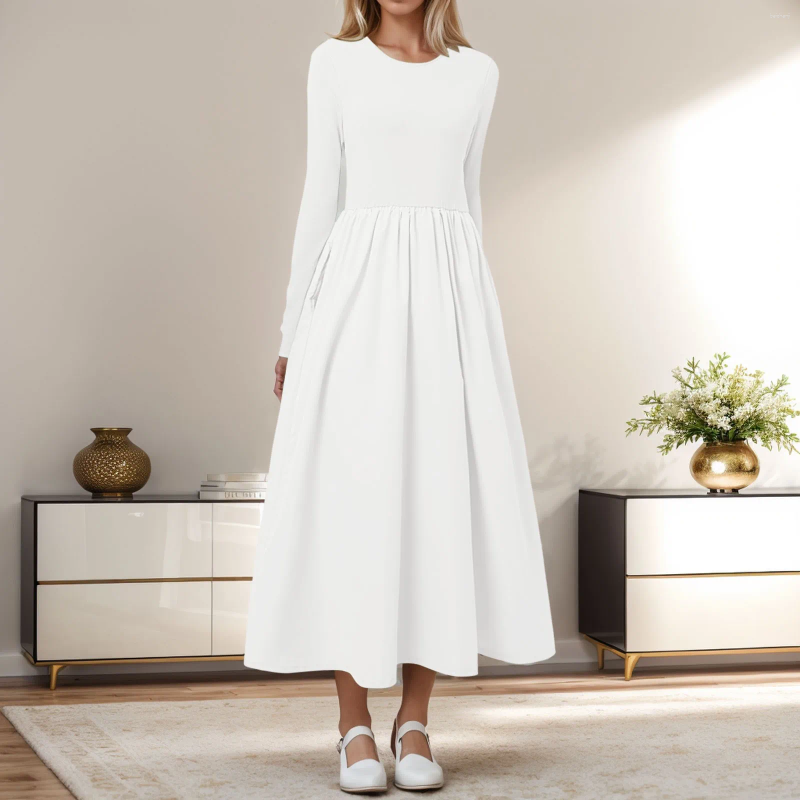 Casual Dresses Elegant Women Crew Neck Long Dress Office Lady Sleeve Large Swing High Waist Party Flowy Boho Wedding Guest