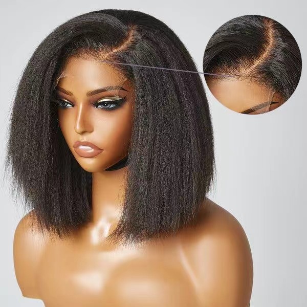 Kinky straight human hair wigs 360 full lace pre plucked hd lace frontal wig short afro kinky curly wig for black women 12inch 130%density