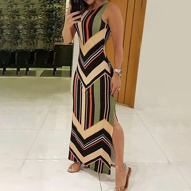 Colorful Striped Print Side Slit Maxi Dres Colorblock Sleeveless Slim Long Dresses 240419