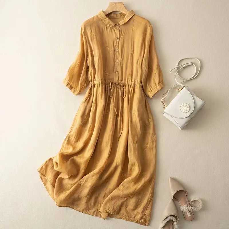 New Summer Rami Dress Wenling Short Skirt Sve Pahwork Party Dress Embroidered Cotton Linen Midi Dress M241123