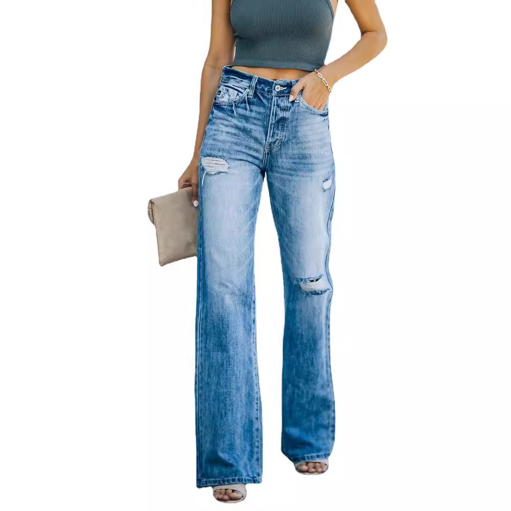 Designer women's fashion washed, ripped holes, slimming, wide leg jeans, denim pants
