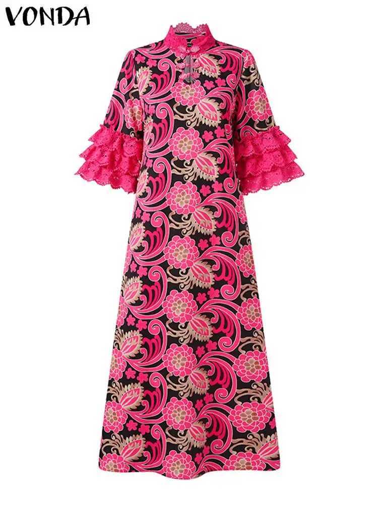 Wen Boheng Dress VONDA 3/4 Flare Sve Casual Loose Ruffle Printed Sun Skirt Collar Party Maxi Vestido Oversizd M241123