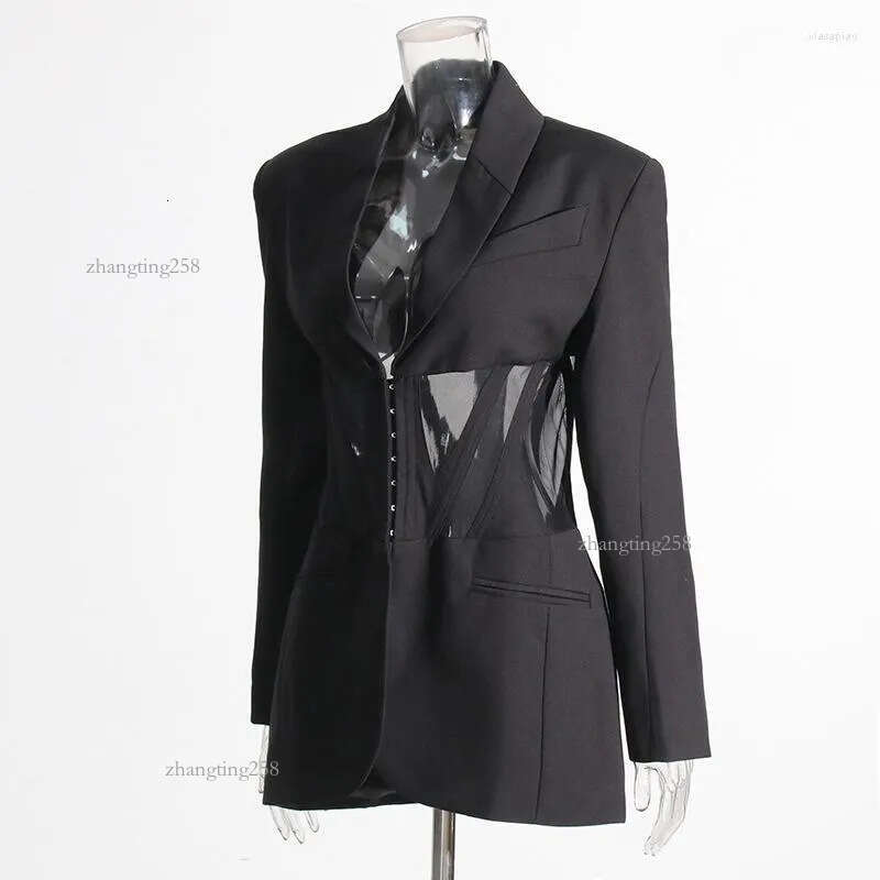 Women's Suits Black Casual Blazer For Women Sexy Mesh See Through Slim Blazers Autumn Winter Fashion Long Sleeve Button Club Party Coats