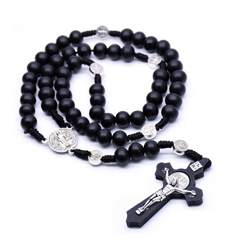 QIGO Religious Wooden Antique Black Cross Rosary Pendant Necklaces Jesus Saint Benedict Beaded Necklace for Men Women JewelryX241122