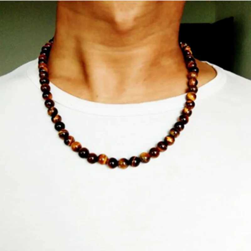 Trendy Men Necklace 6/8mm Black Lava Stone Yellow Tiger Eye Choker Rock Beads Necklace Men Jewelry Handmade Collar DropshippingX241122