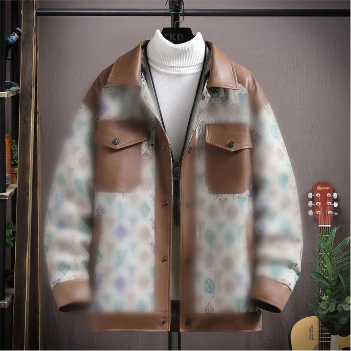 4XL designer jacket men long sleeve leather splicing fleece jeans jackets for man winter mens denim coat clothes