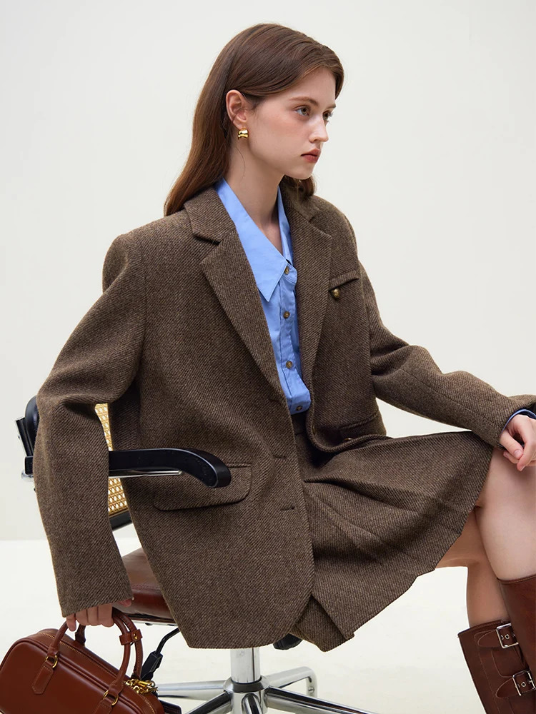 FSLE retro classic style 100% wool suit womens jacket niche winter commuting brown wool suit women 241120