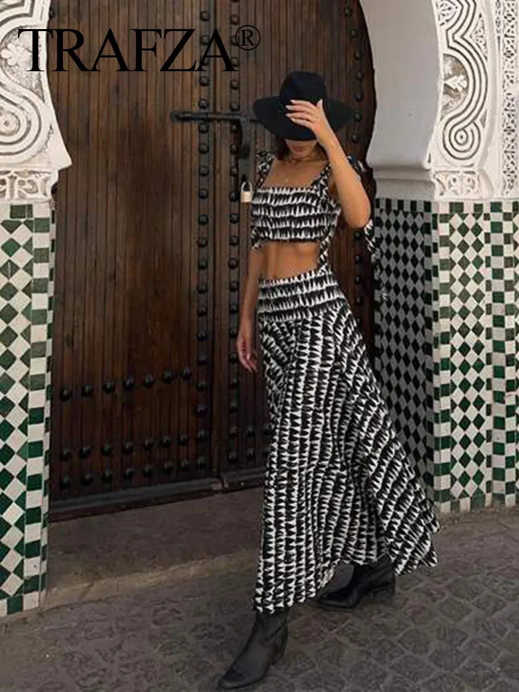 TRAFZA Women Fashion Print Skirts Suit Sexy Backless Sleeveless Slim Corset Crop Top Side Zipper Midi Skirt Y2K Streetwear Sets 240423