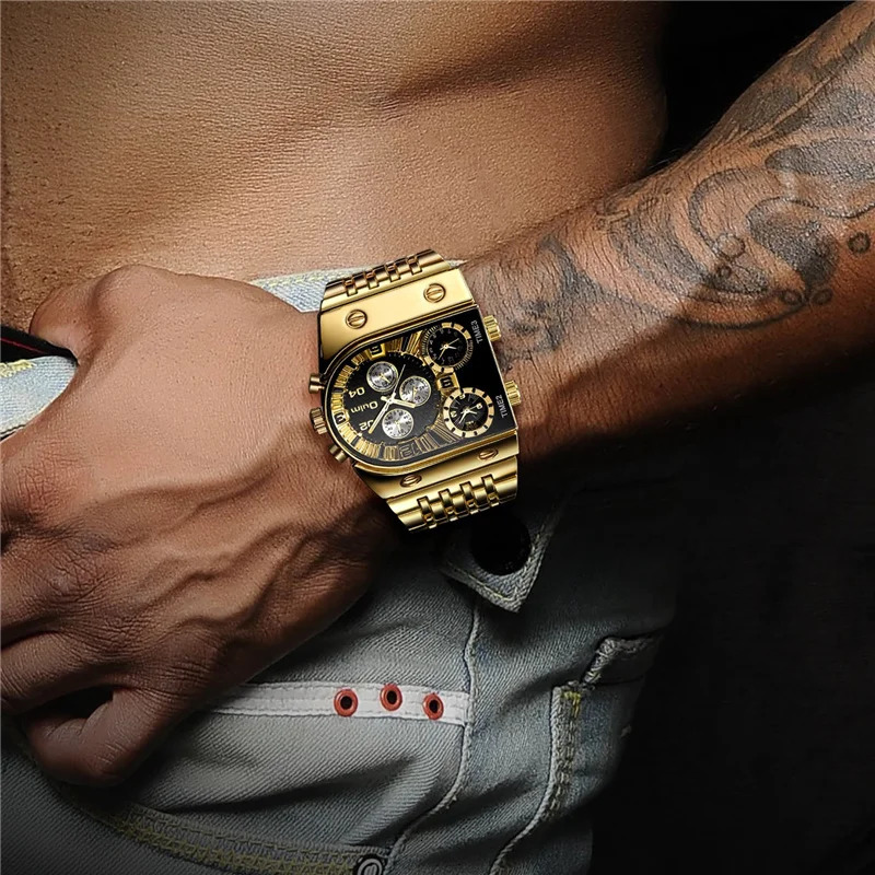Oulm 9315 Golden Watch Quartz Male Military Wristwatch 3 Time Zone Big Dial Full Steel Men Watches Relogio Masculino 241122