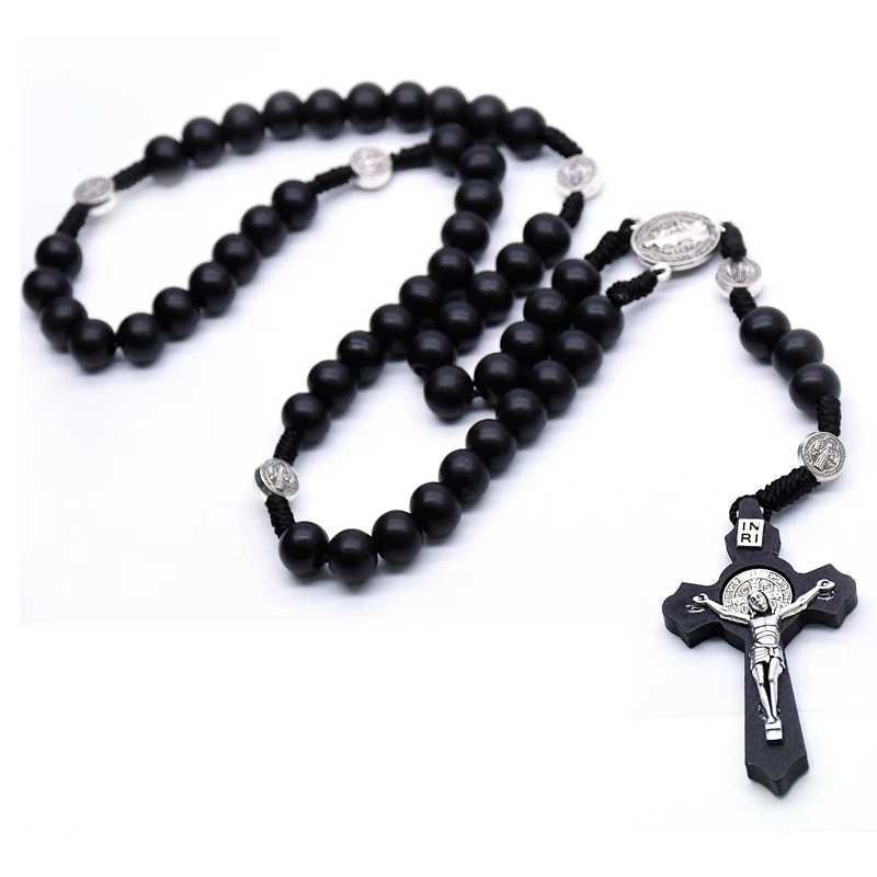 QIGO Religious Wooden Antique Black Cross Rosary Pendant Necklaces Jesus Saint Benedict Beaded Necklace for Men Women JewelryX241122