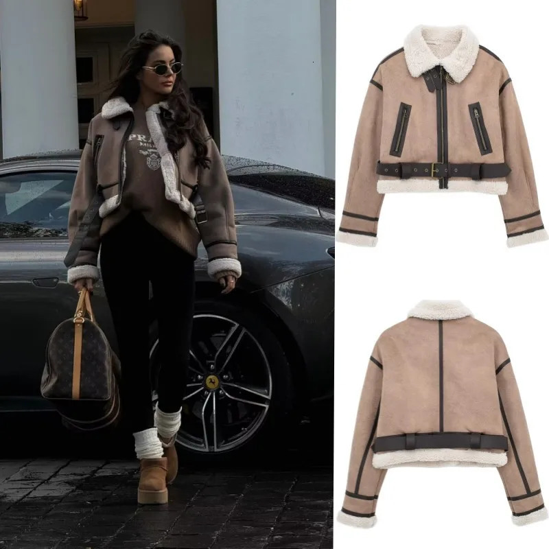2024 TRAF synthetic sheepskin womens Coat Thickened thermal bomber Jacket Y2K lapel vintage winter fashion 241122