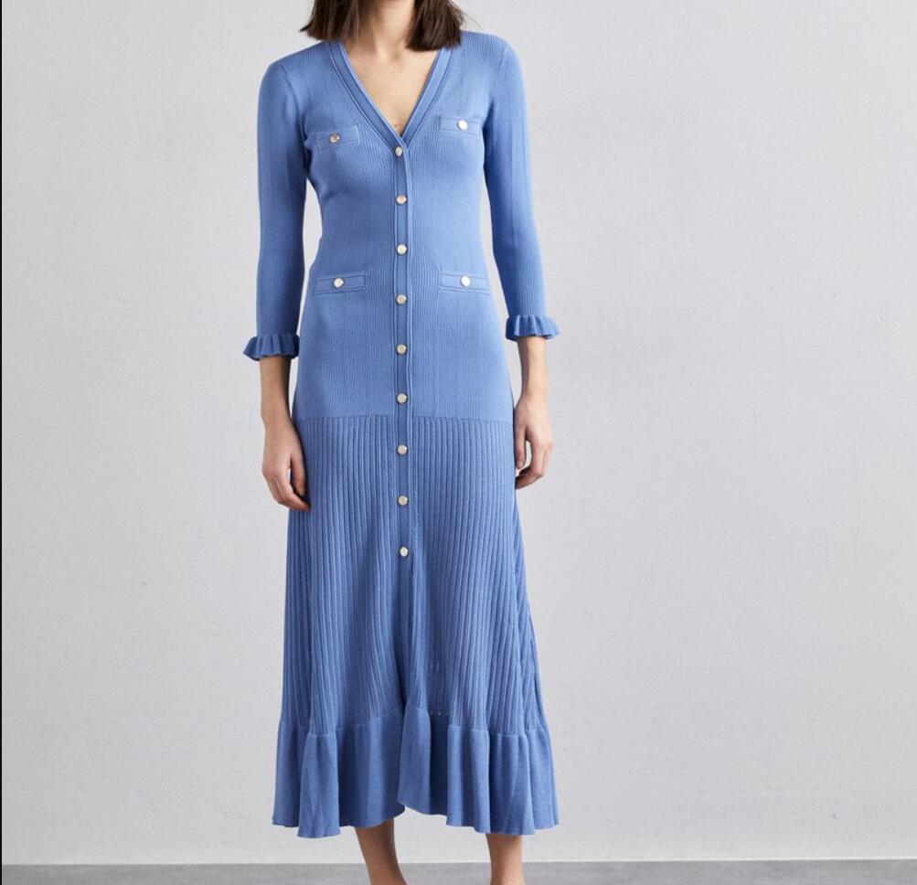 2024 Summer Sandr o Classic French style peacock blue V-neck knitted dress with slim fit and fishtail length