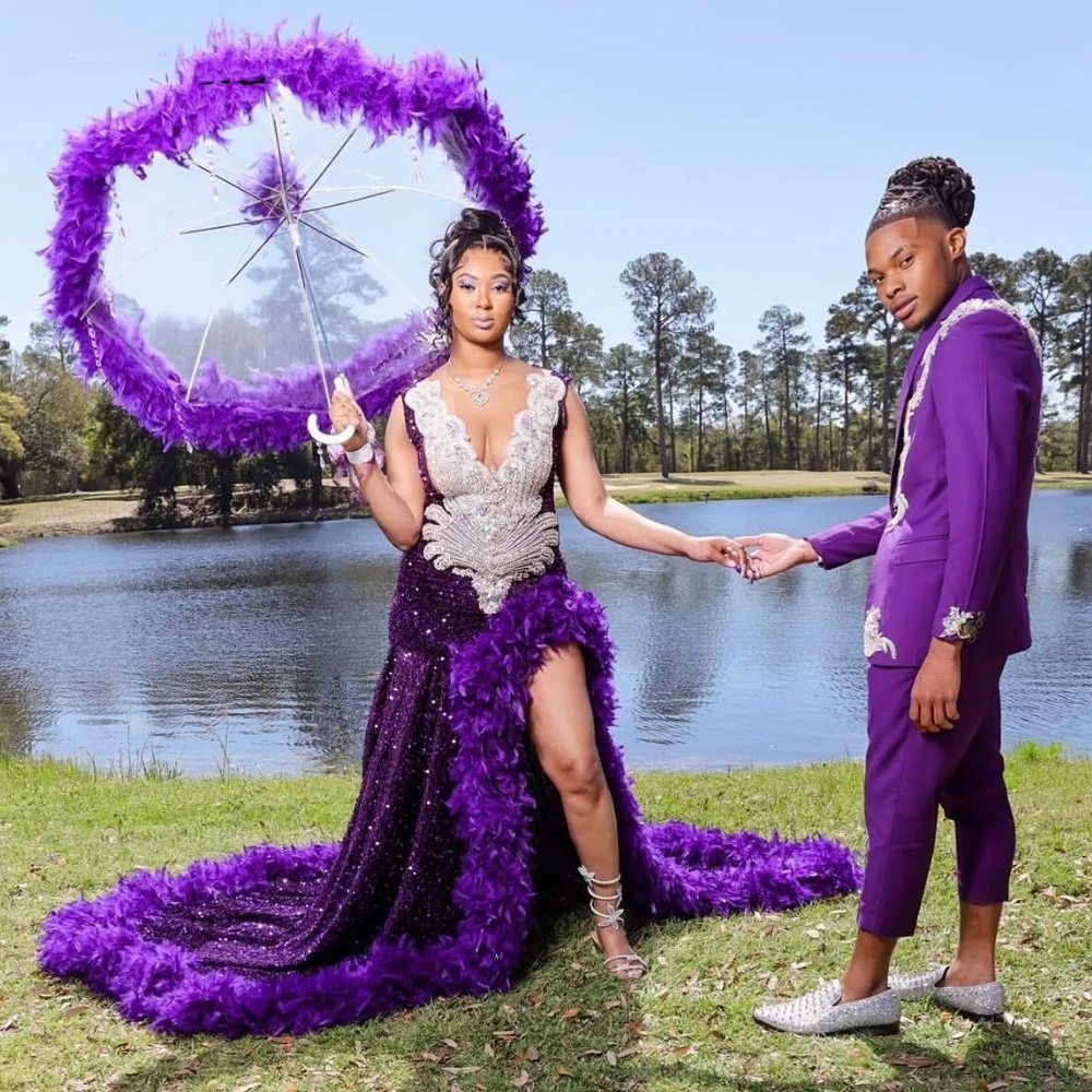 2024 Purple Fearthers High Split Diamonds Mermaid Prom Dress For Black Girls Sequins Crystal Beading Party Gala Gowns