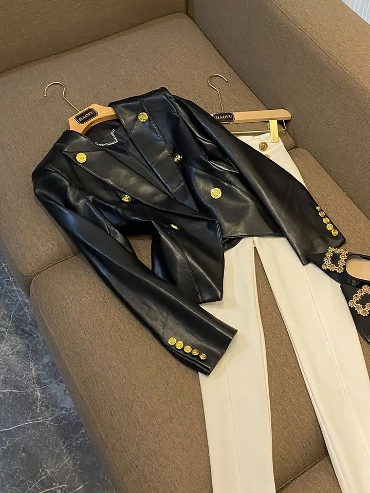 Fashion Slim Fit PU Leather Jacket Women Clothing AutumnWinter Business Outfits Gold Button Black Suit Blazer Coat 241121