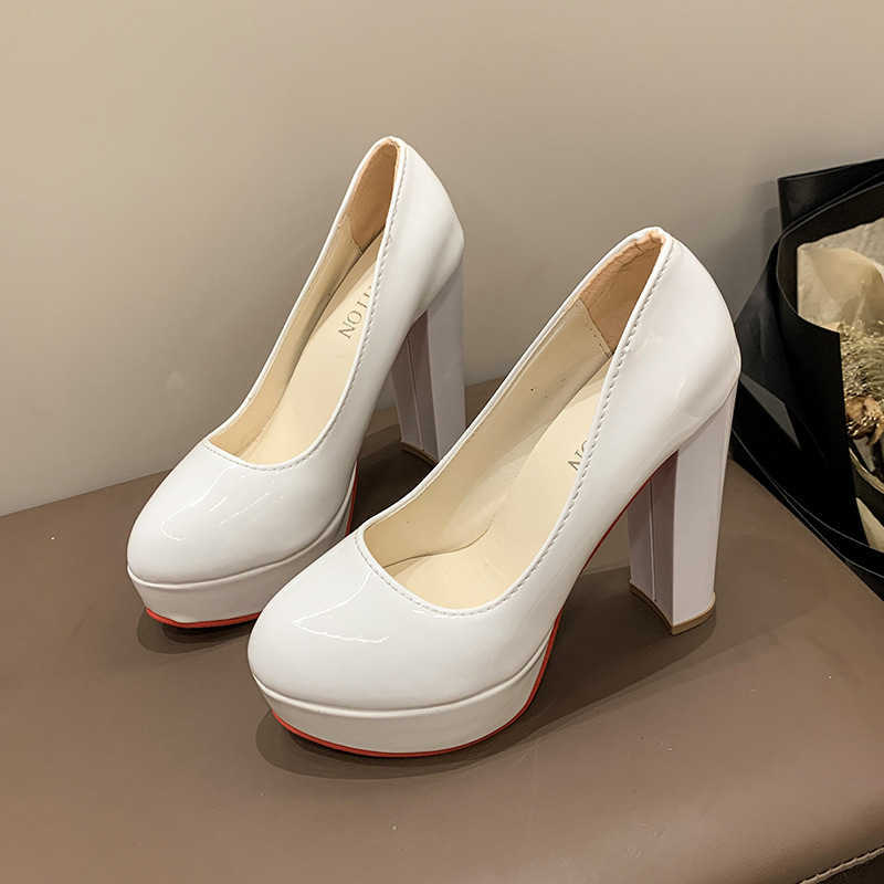 2025 Heels red bottomed 12cm French style high heels with red sole waterproof table top womens new style shallow mouth leather thick heel sexy runway 