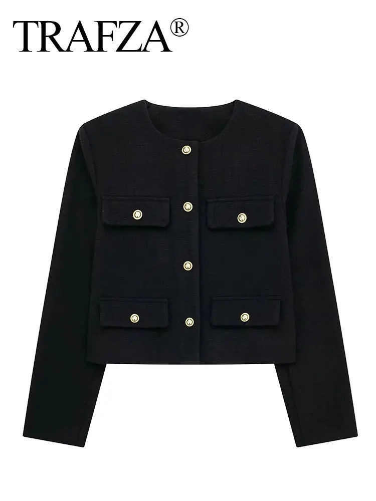TRAFZA Women Vintage Solid Coat Button Long Sleeve O Neck Jacket With Pocket 2024 Spring Elegant Female Casual Outerwear Jakcet 241122