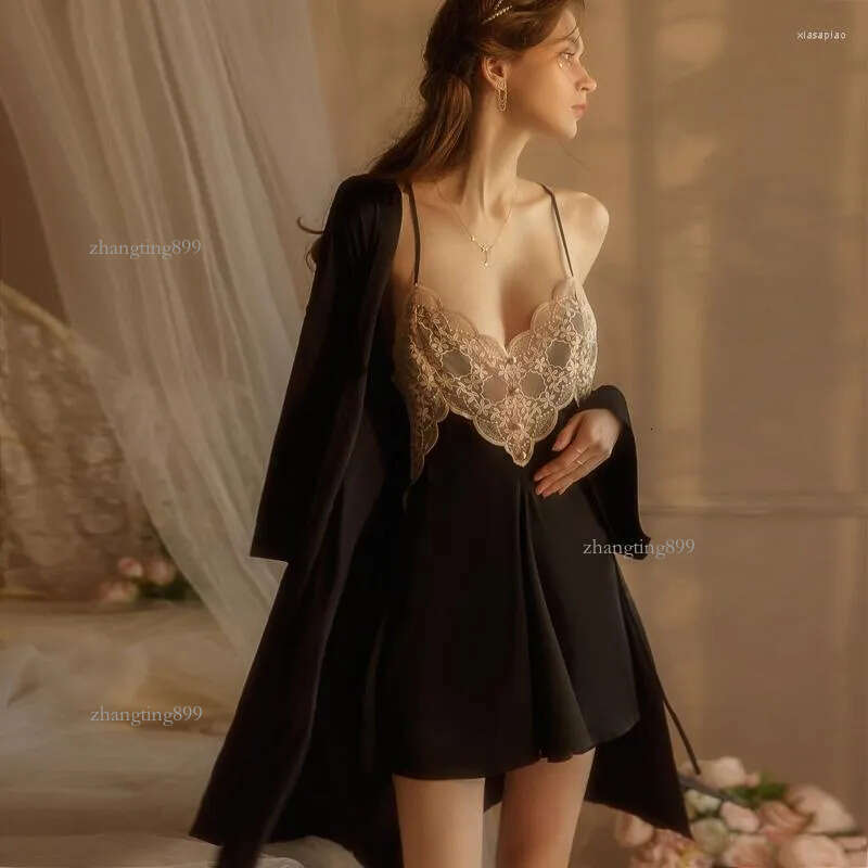 Women's Sleepwear Summer Lace Silk Nightgown Emotional Lingerie Strap Nightdress Homewear Kawaii Nightwear Sexy Women Pajamas