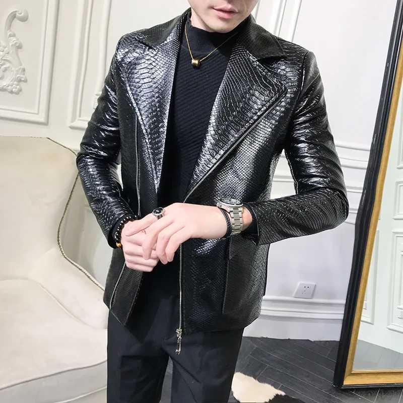 Casual snake skin jacket mens autumn and winter black PU leather ultra-thin set jacket mens motorcycle retro jacket W241122