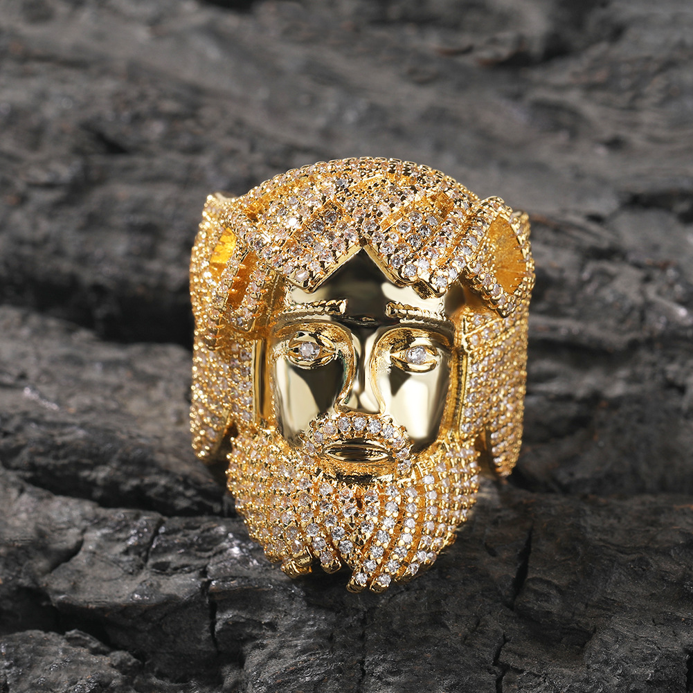 Hip Hop Vintage Jesus Face Ring 5A Zircon 18K Real Gold Plated Religious Jewelry
