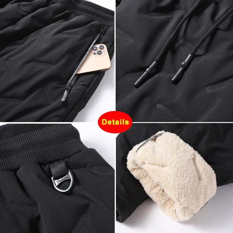 Winter Zip Pockets Thicken Fleece Sweatpants Men Joggers Black Grey Down Cotton Warm Pants Male Water Proof Thermal Trousers 7XL 241120